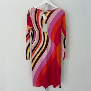 EMILIO PUCCI RED MULTI PRINT SILK DRESS STYLE 56RL31 SIZE IT 42 / US 8 NWTS!